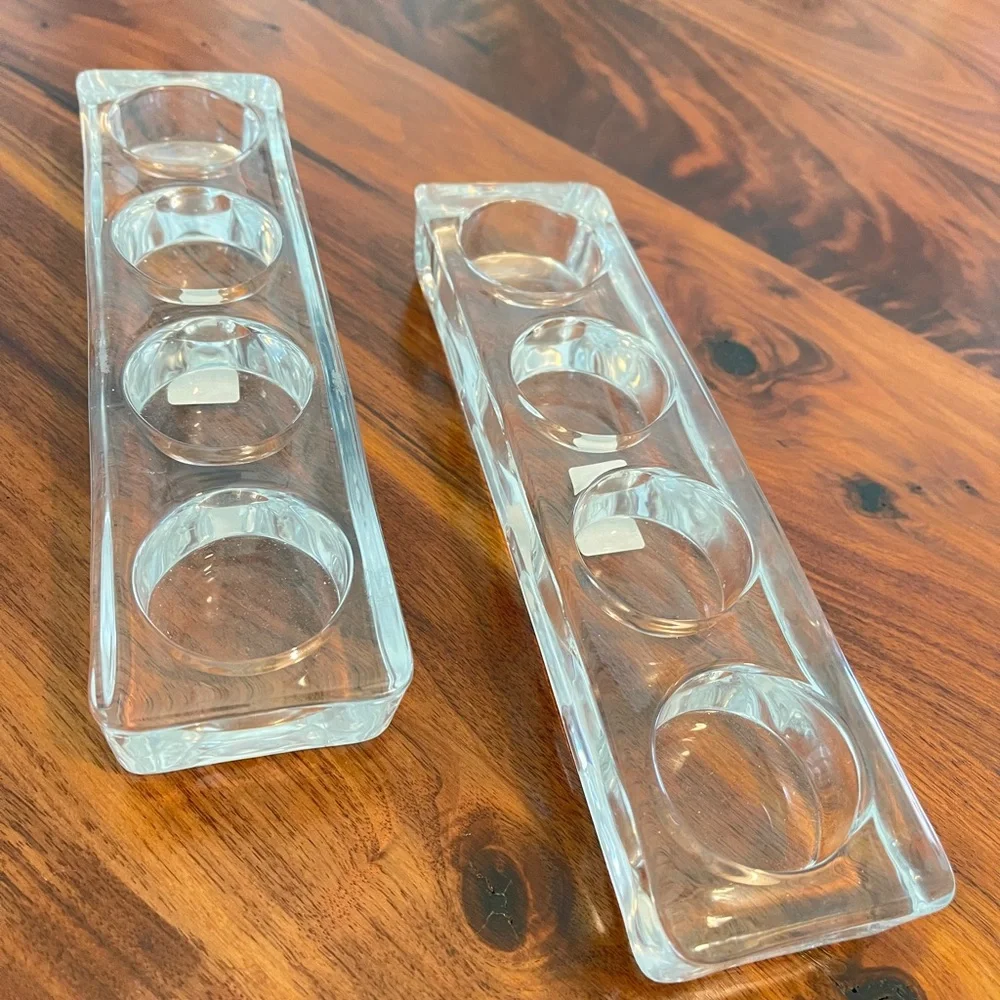 Pair CRATE & BARREL CLEAR HEAVY GLASS 4 VOTIVE BLOCK BAR WEDDING TABLE BANISTER